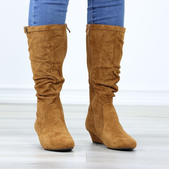 Tan Faux Suede Round Toe Low Kitten Wedge Heel Mid Calf Boots - Picture 2 of 12